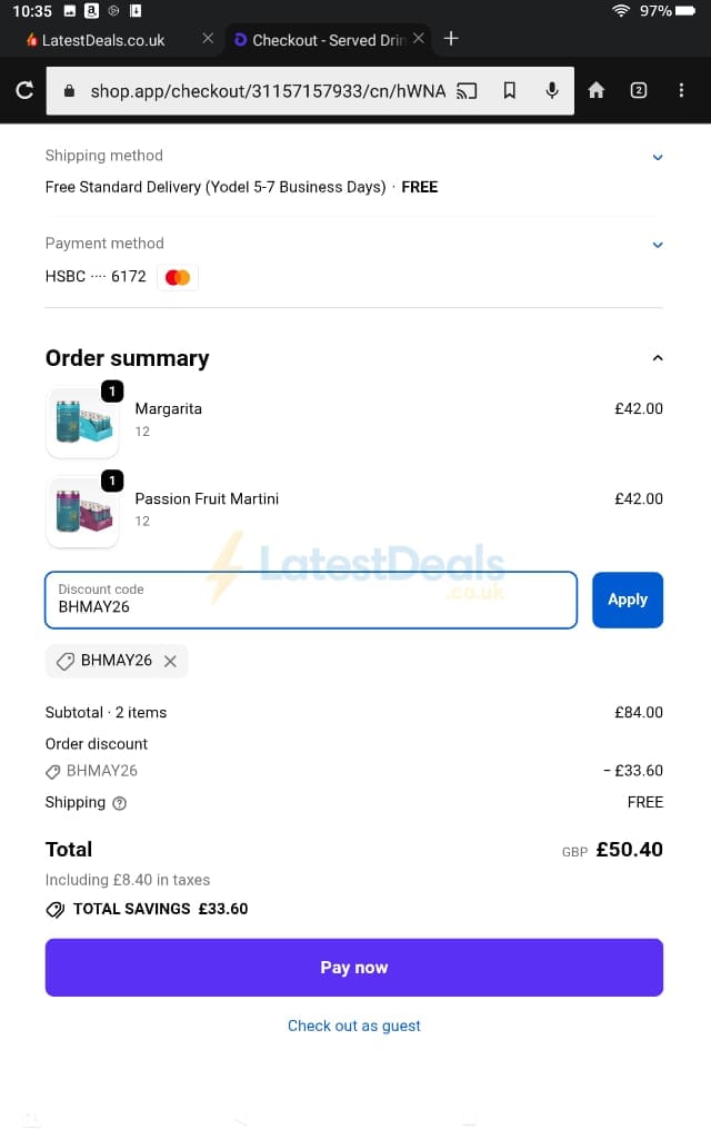 Screenshot of the Served Drinks discount code working