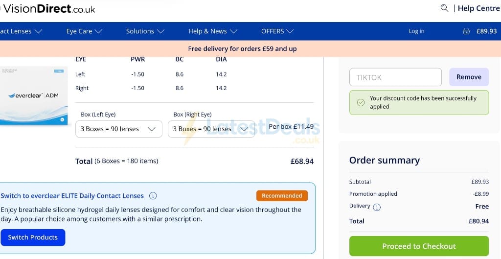 Screenshot of the Vision Direct discount code working
