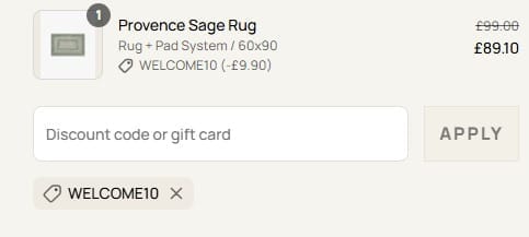 Screenshot of the Ruggable discount code working