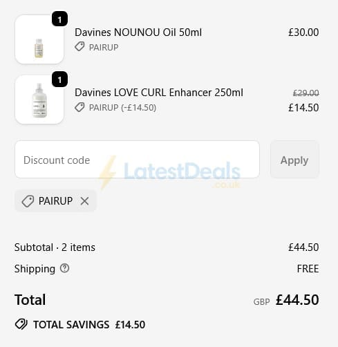 Screenshot of the LuxuriousLook discount code working