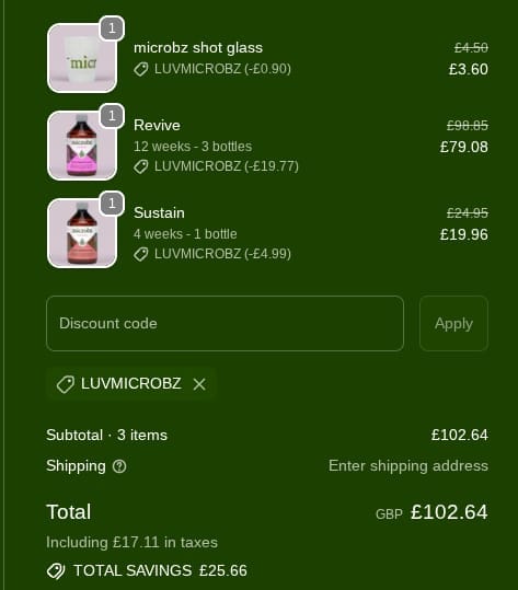 Screenshot of the Microbz discount code working