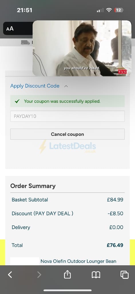 Screenshot of the Bean Bag Bazaar discount code working