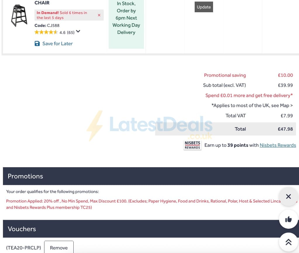 Screenshot of the Nisbets discount code working