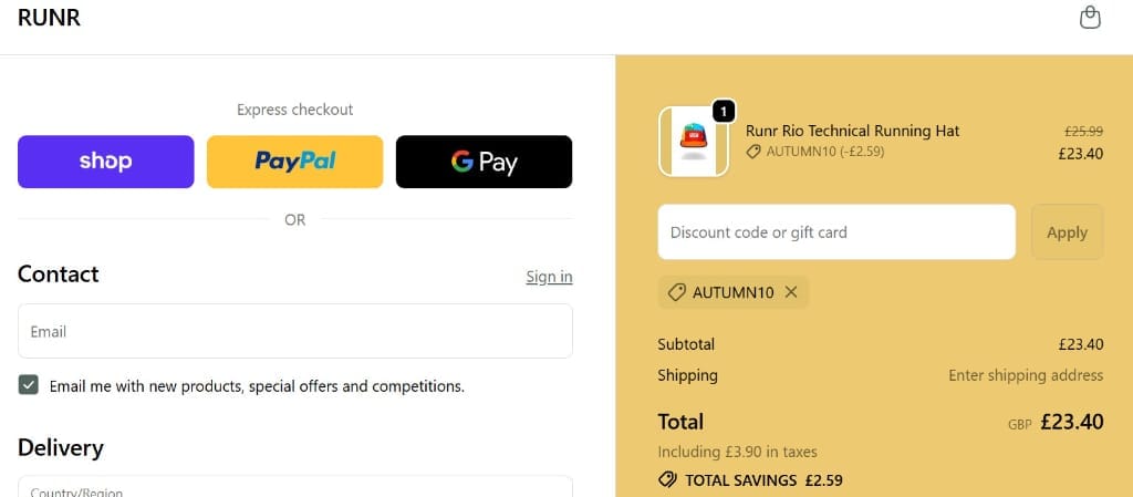 Screenshot of the Runr discount code working