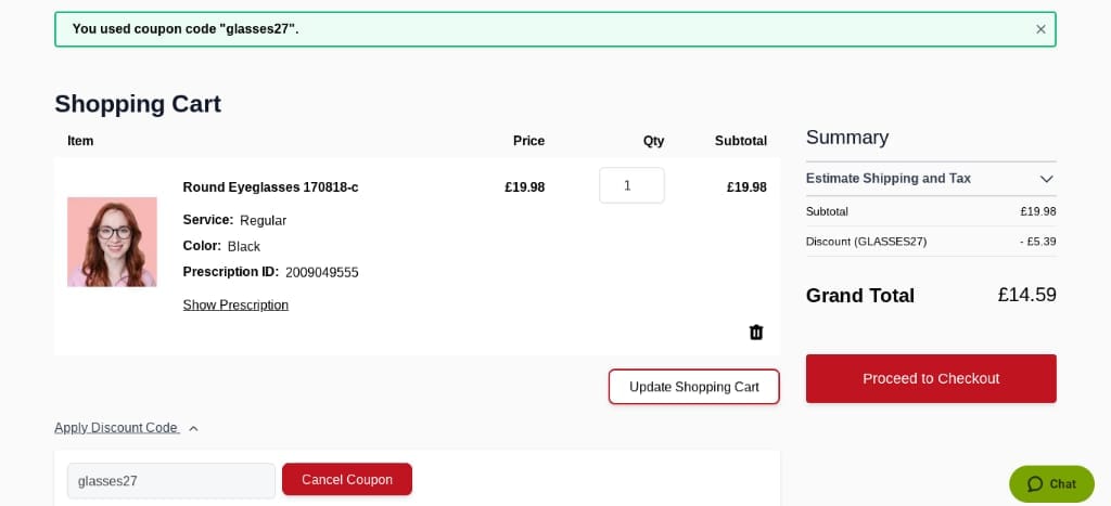 Screenshot of the Goggles4u discount code working