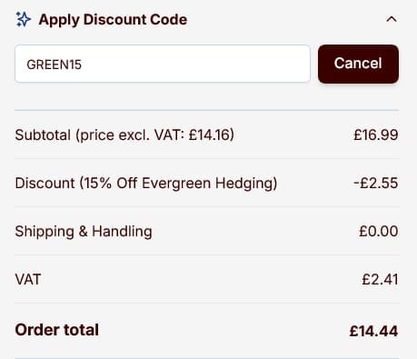 Screenshot of the Hedges Direct discount code working