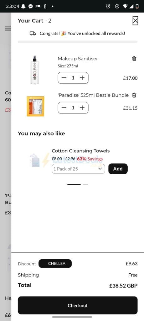 Screenshot of the ISO Clean discount code working
