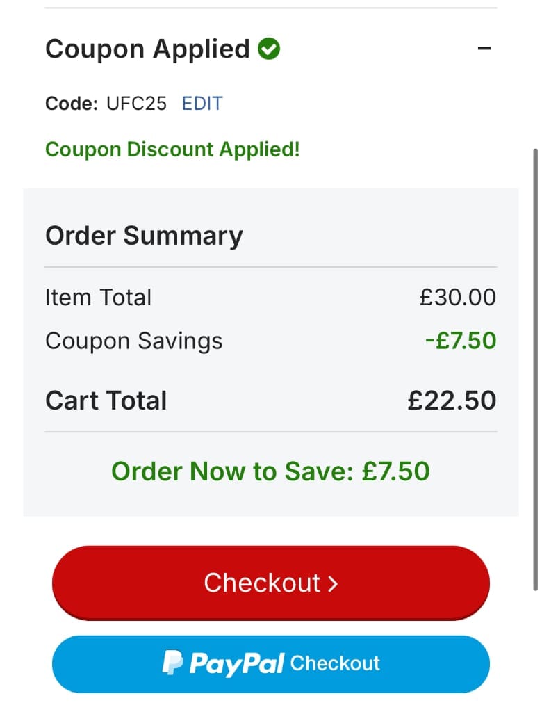 Screenshot of the UFC Store discount code working