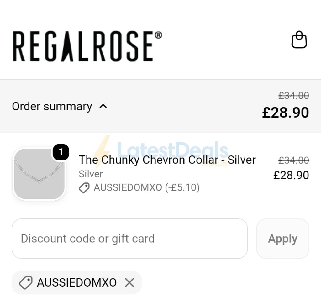 Screenshot of the REGALROSE discount code working