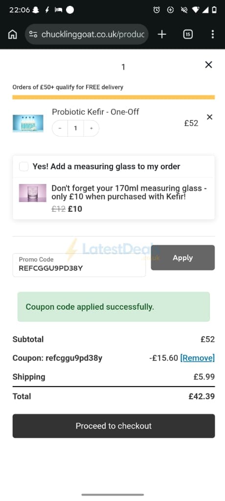 Screenshot of the Chuckling Goat discount code working