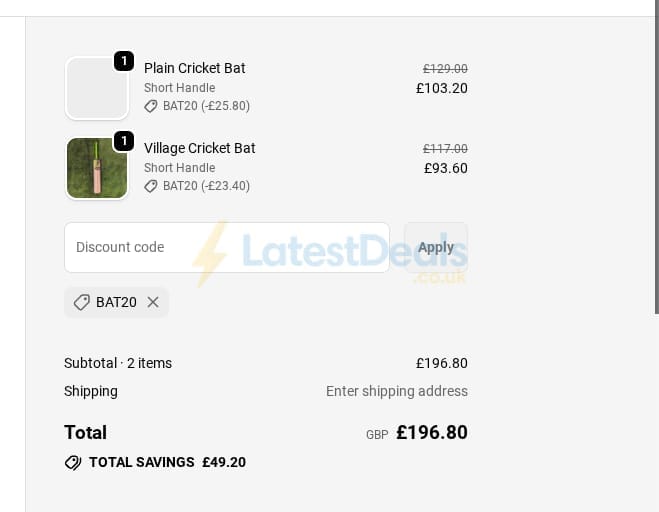 Screenshot of the Village Cricket Co. discount code working
