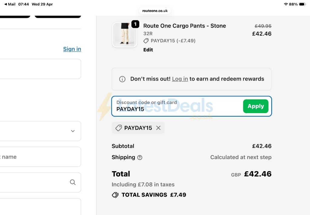 Screenshot of the Route One discount code working