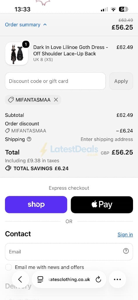 Screenshot of the Kate's Clothing discount code working