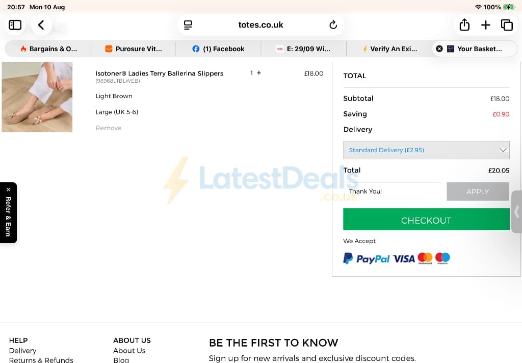 Screenshot of the totes ISOTONER discount code working