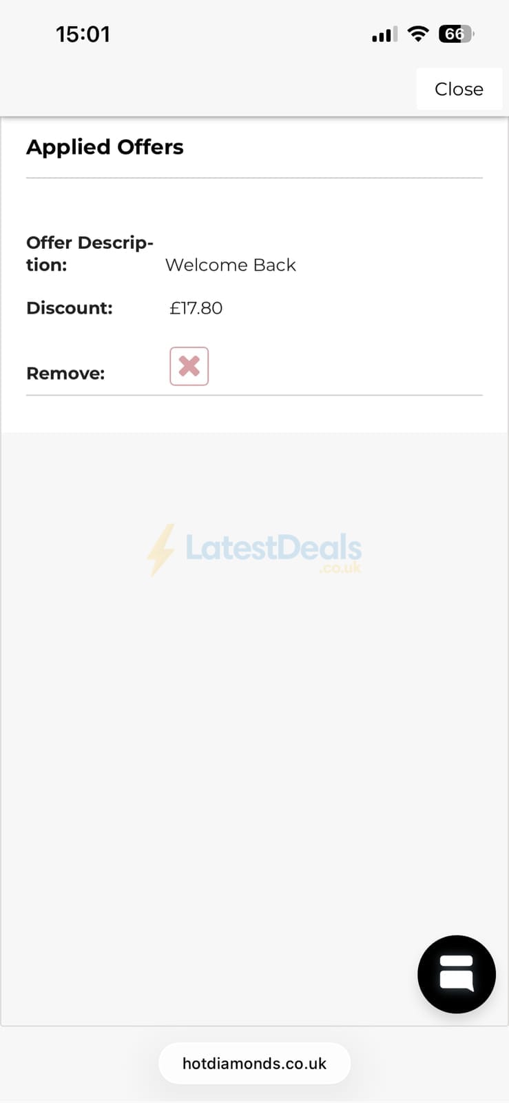 Screenshot of the Hot Diamonds discount code working