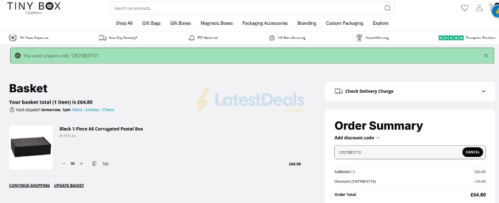 Screenshot of the Tiny Box Company discount code working