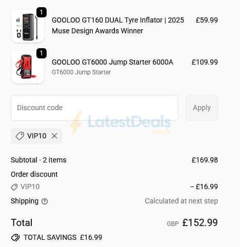 Screenshot of the GOOLOO discount code working