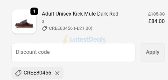 Screenshot of the Kickers discount code working