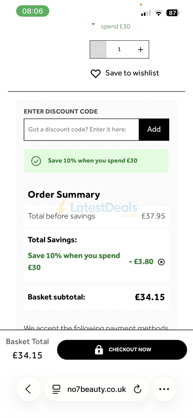 Screenshot of the No7 Beauty discount code working