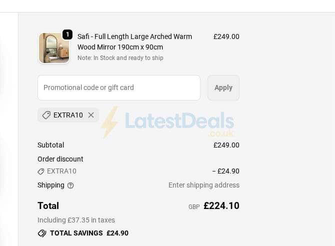 Screenshot of the William Wood Mirrors discount code working