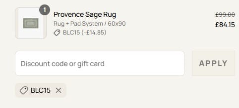 Screenshot of the Ruggable discount code working