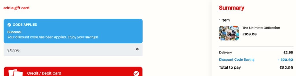 Screenshot of the Virgin Experience Days discount code working