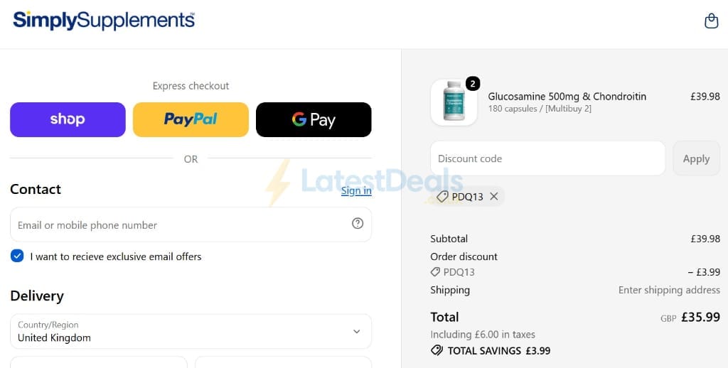 Screenshot of the SimplySupplements discount code working