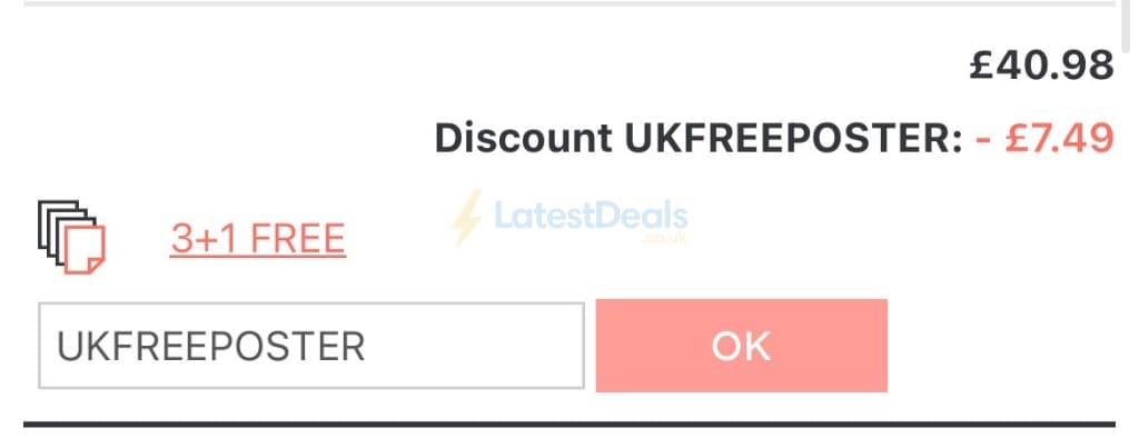 Screenshot of the UKposters discount code working