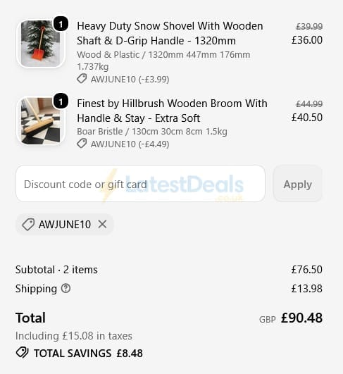 Screenshot of the The Brush & Broom discount code working