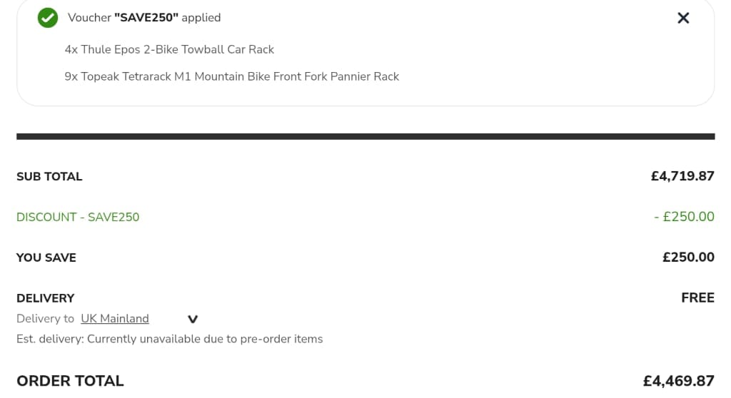 Screenshot of the Tredz Limited discount code working