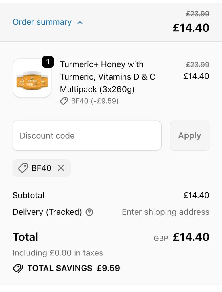 Screenshot of the Just Bee Honey discount code working