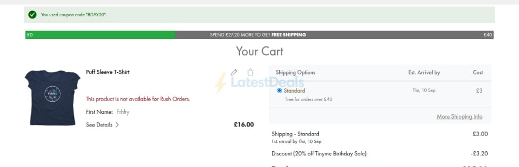 Screenshot of the Tinyme discount code working