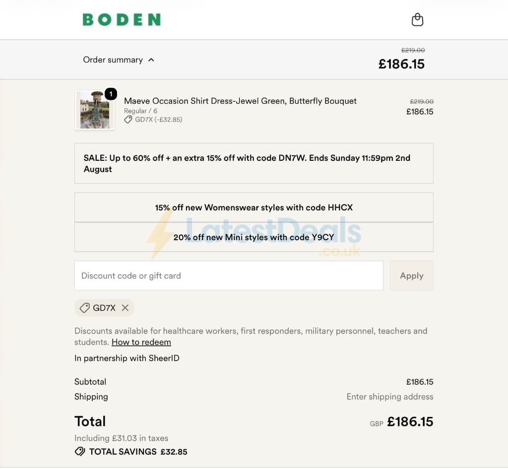 Screenshot of the BODEN discount code working