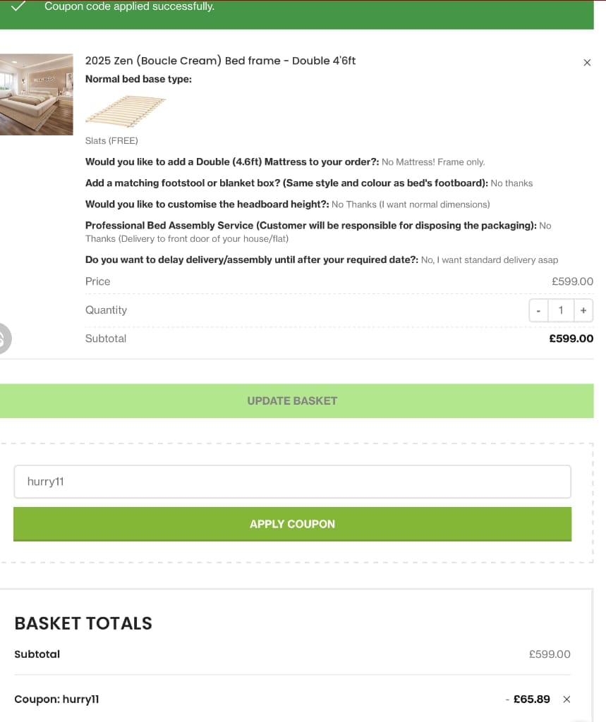 Screenshot of the PSCL Beds discount code working