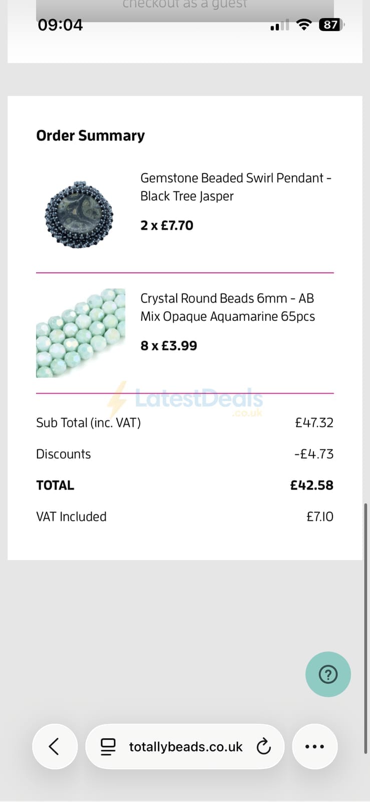 Screenshot of the Totally Beads discount code working