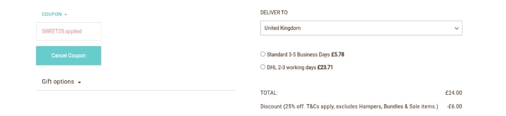 Screenshot of the Lily O'Brien's discount code working