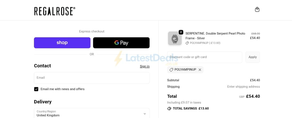 Screenshot of the REGALROSE discount code working