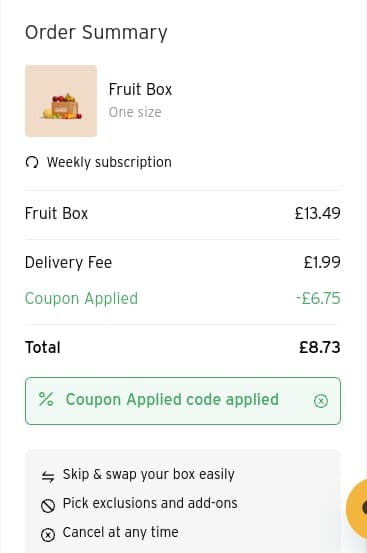Screenshot of the Oddbox discount code working
