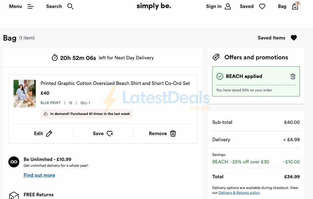 Screenshot of the Simply Be discount code working