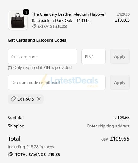 Screenshot of the Radley London discount code working