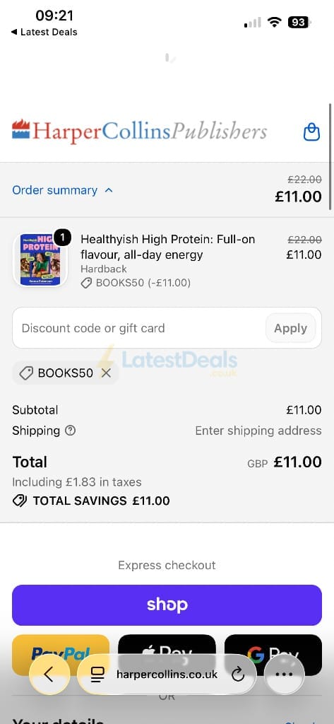 Screenshot of the Harper Collins discount code working