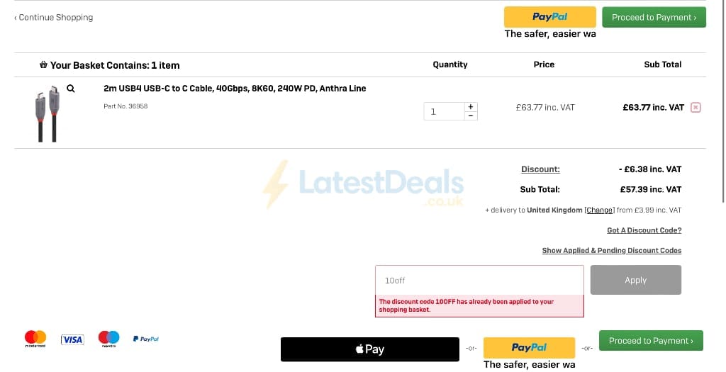 Screenshot of the Lindy Electronics discount code working