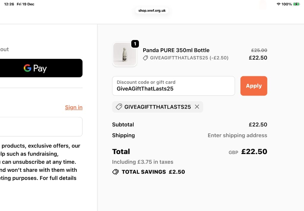 Screenshot of the WWF discount code working