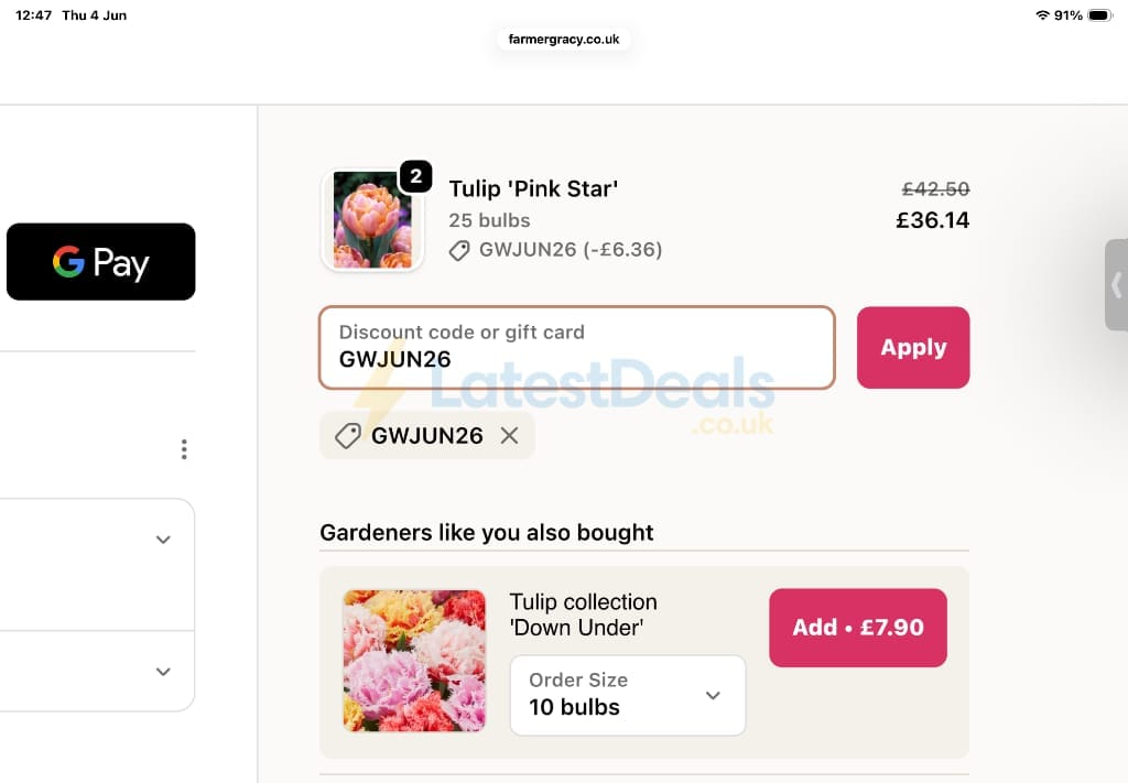 Screenshot of the Farmer Gracy discount code working