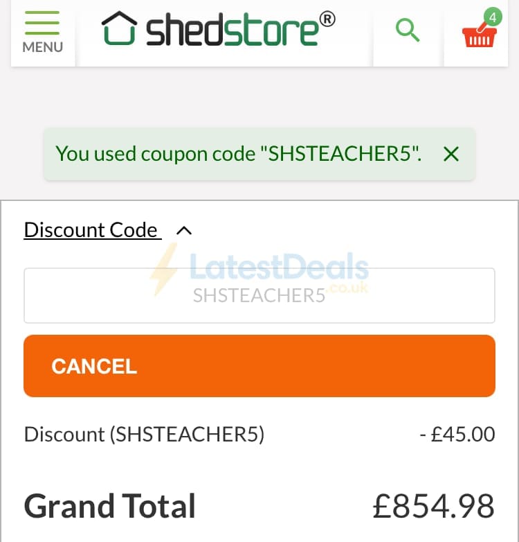 Screenshot of the Shedstore discount code working