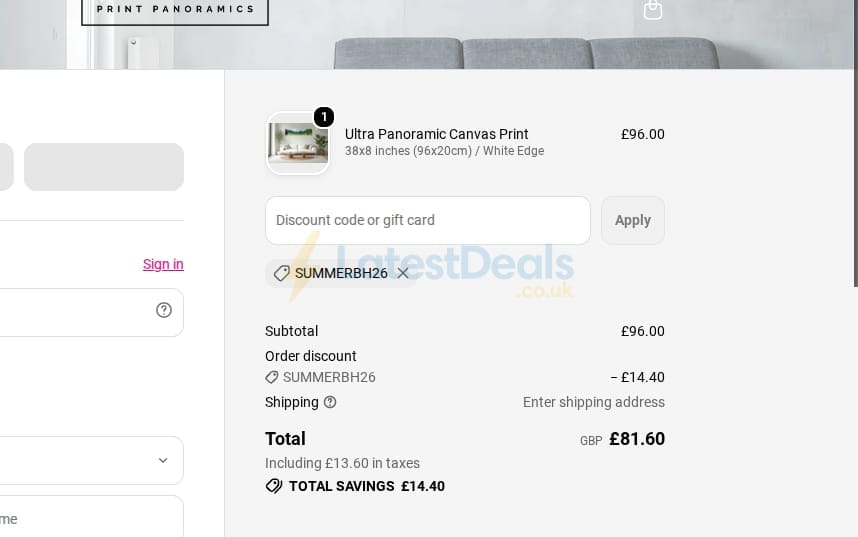 Screenshot of the Print Panoramics discount code working