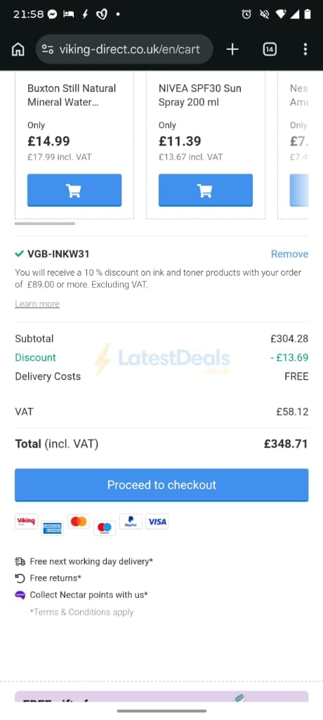 Screenshot of the Viking Direct discount code working