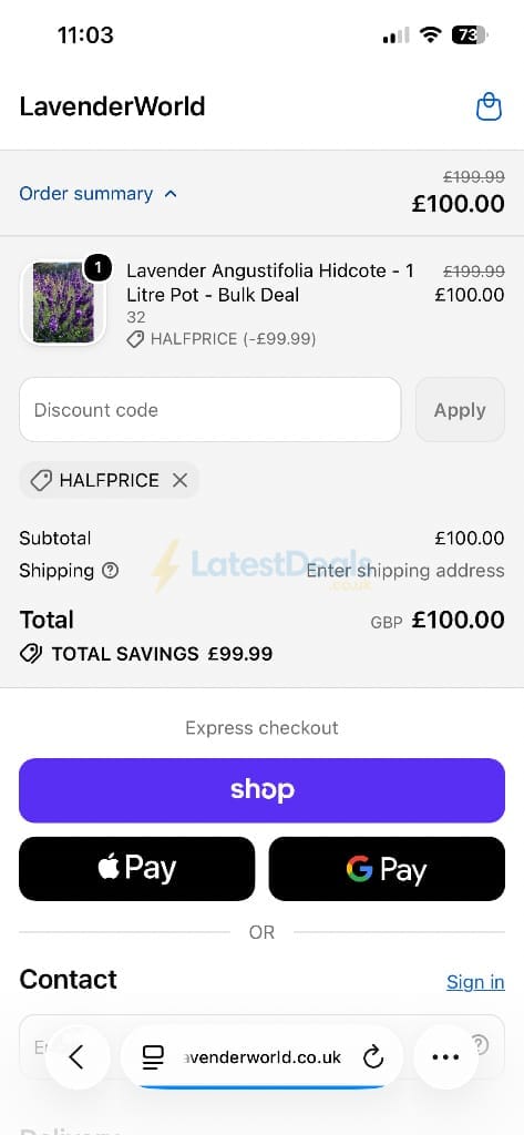 Screenshot of the Lavender World discount code working