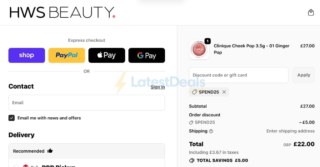 Screenshot of the HWS Beauty discount code working