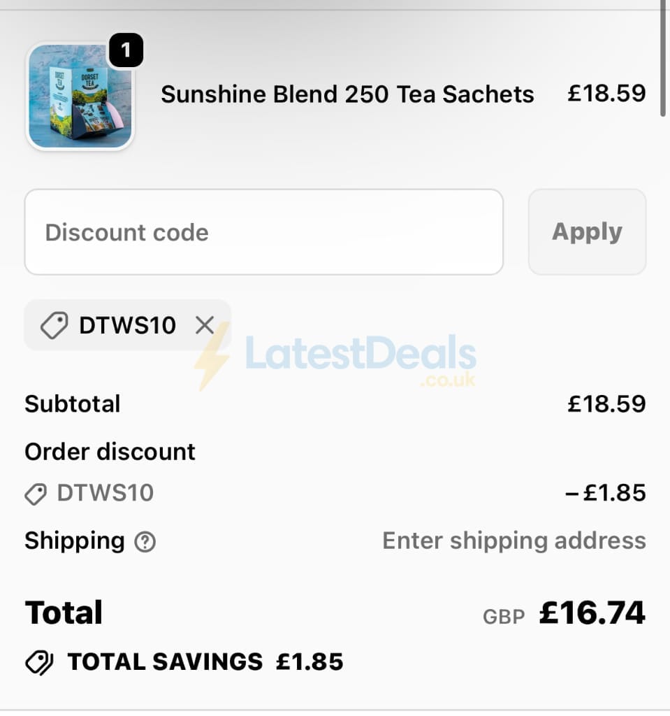 Screenshot of the Dorset Tea discount code working